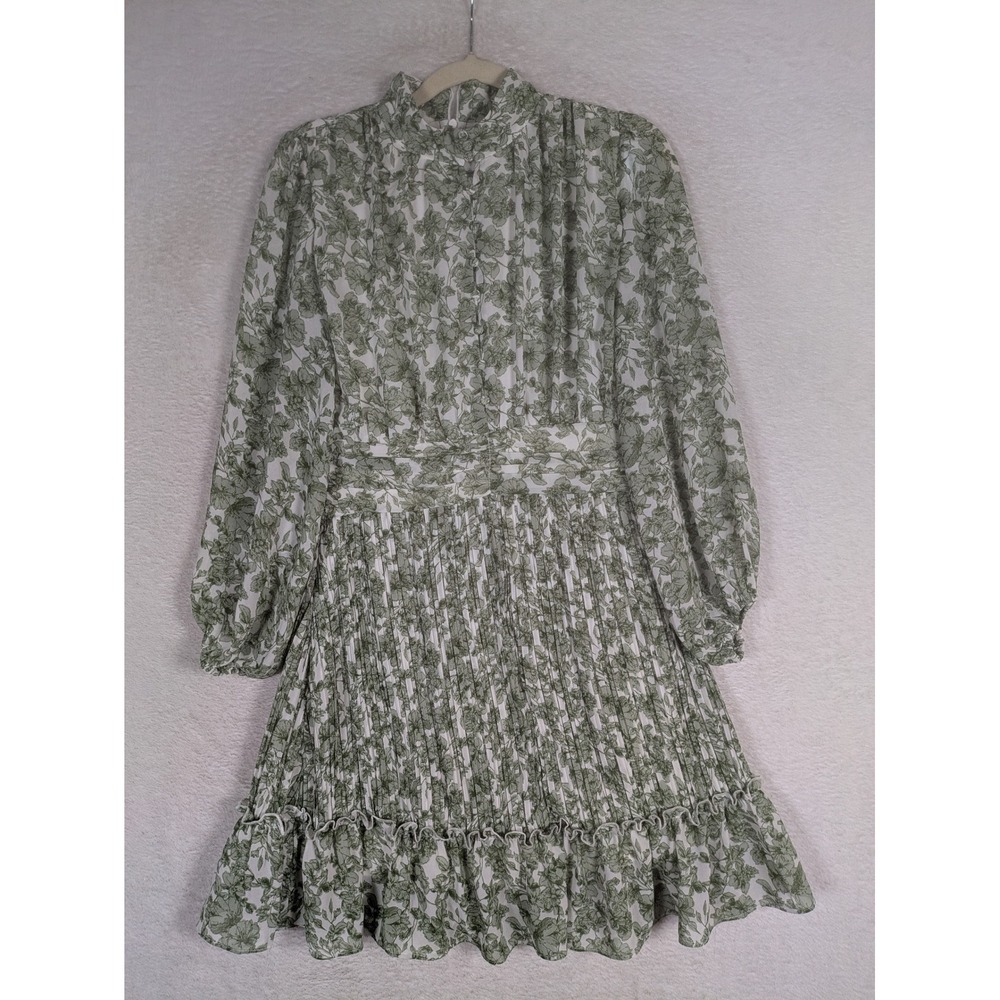 Ivy City Co. Floral Pleated Mini Dress Women's 11/12 Green White Ruffle Hem